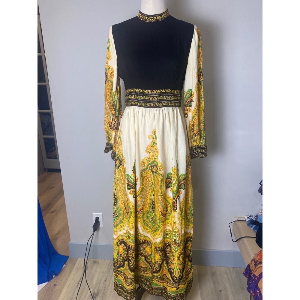 Vintage 1960s Paisley Maxi Dress Mock Neck Boho Mod Long Sleeve Black Gold Green - Picture 1 of 10